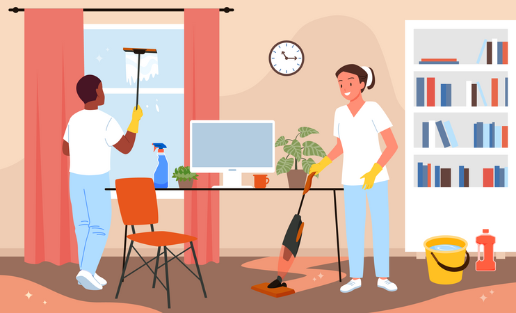 Housekeeping working on cleaning and vacuuming  Illustration