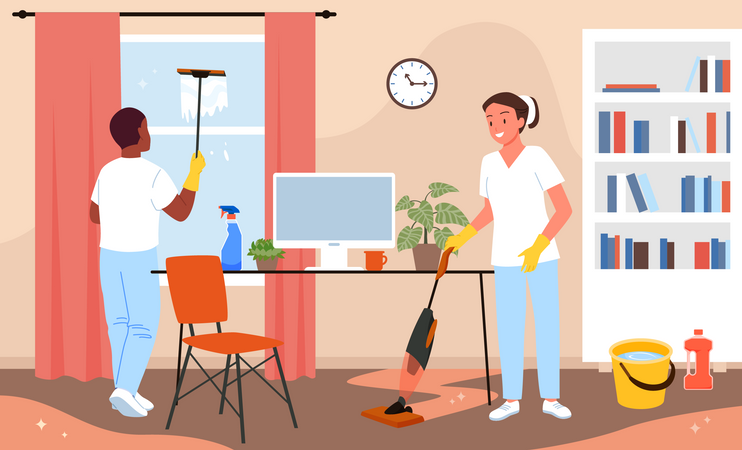 Housekeeping working on cleaning and vacuuming  イラスト