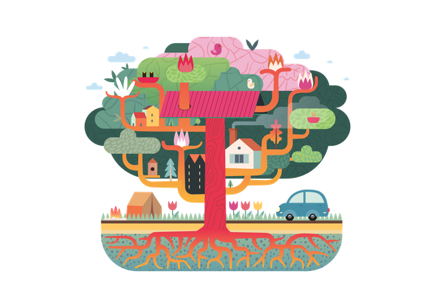 Houses connected with tree trunk  Illustration