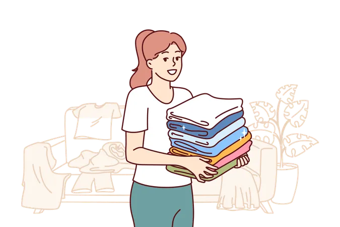 Kind Woman Housewife Collects Unwanted Clothes Around Apartment To Donate Wardrobe Items To Charitable Foundation Housewife Stands In Room With Scattered Clothes And Neatly Stacks T Shirts In Pile Illustration