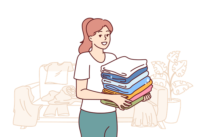 Housewife arranges clothes in cupboard  イラスト