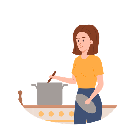 キッチンで料理の準備をする主婦  イラスト