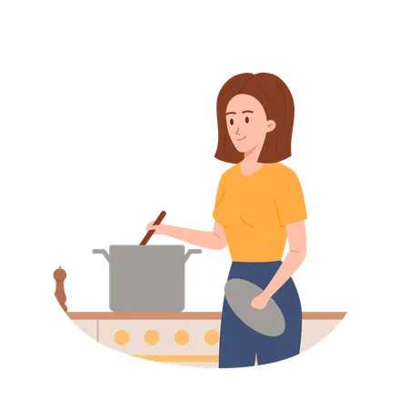 キッチンで料理の準備をする主婦  イラスト