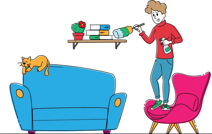 Housewife Cleaning Book Shelf with Duster and Water Sprayer Illustration