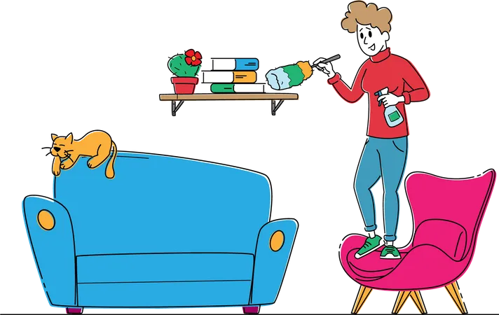 Housewife Cleaning Book Shelf with Duster and Water Sprayer  Illustration