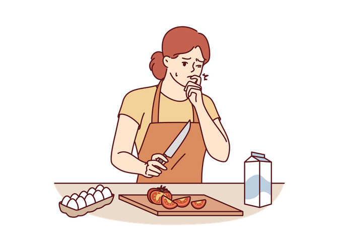 Housewife cooking dinner cuts finger  Illustration