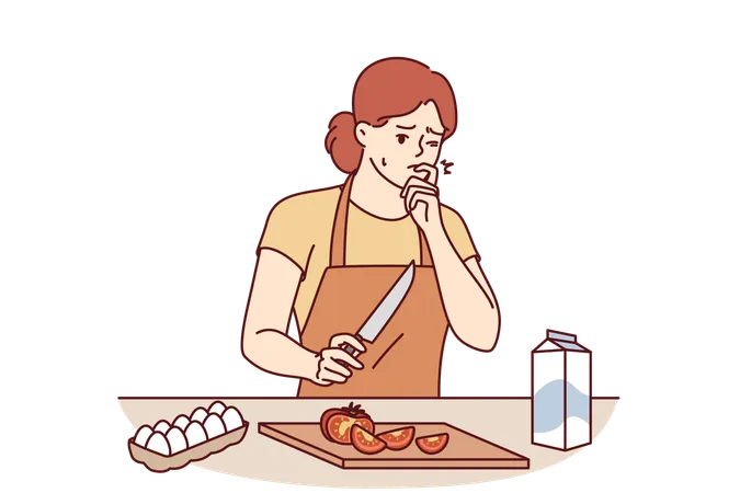 Housewife cooking dinner cuts finger  Illustration