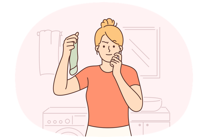 主婦が洗濯室に立って汚れた靴下を持ち、恥ずかしそうに画面を見ている  イラスト
