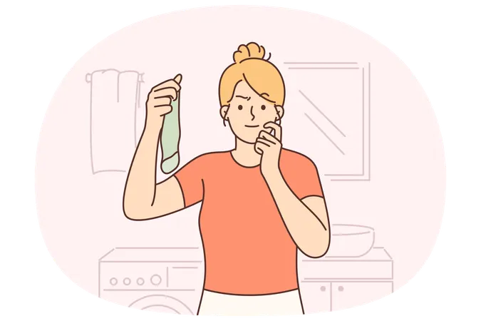 主婦が洗濯室に立って汚れた靴下を持ち、恥ずかしそうに画面を見ている  イラスト