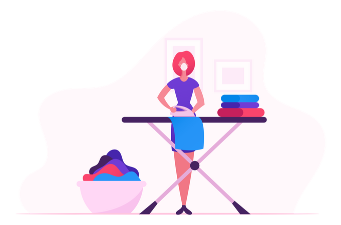 Housewife Ironing Clear Linen At Home During Covid 19 Illustration