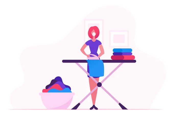 Housewife Ironing Clear Linen At Home During Covid 19 Illustration