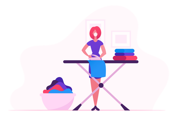 Housewife Ironing Clear Linen At Home During Covid 19  Illustration