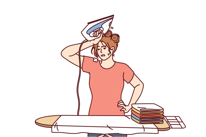 Woman Housewife With Iron Wipes Sweat From Forehead Standing Near Ironing Board And Tired Due To Lot Of Housework Girl Housekeeper With Iron Feels Exhausted And Needs Rest From Doing Daily Routine Illustration