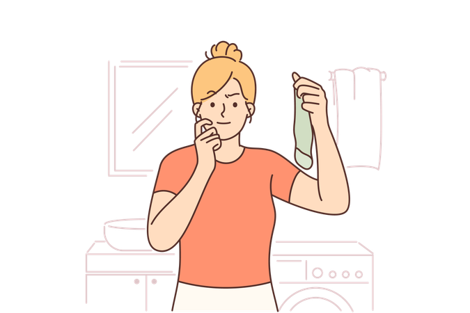 Housewife is holding dirty sock  Illustration