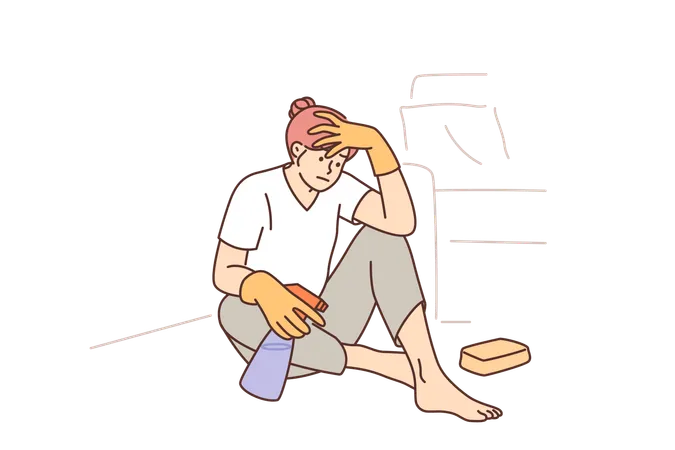 Tired Woman Housewife Cleaning Up Trying To Wipe Stain From Carpet And Sits On Floor With Desperate Look Girl Doing Housework And Cleaning Up Feeling Burnt Out Due To Lack Of Success In Career Illustration