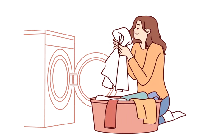 Housewife Woman Sits Near Washing Machine And Inhales Fragrant Smell Freshly Washed Towel After Using Good Laundry Detergent Girl Takes Out Washed Clothes From Washing Machine Putting Them In Bowl Illustration