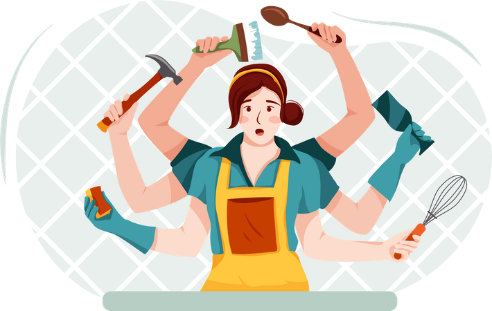 Housewife panicked, not knowing what to do first  Illustration