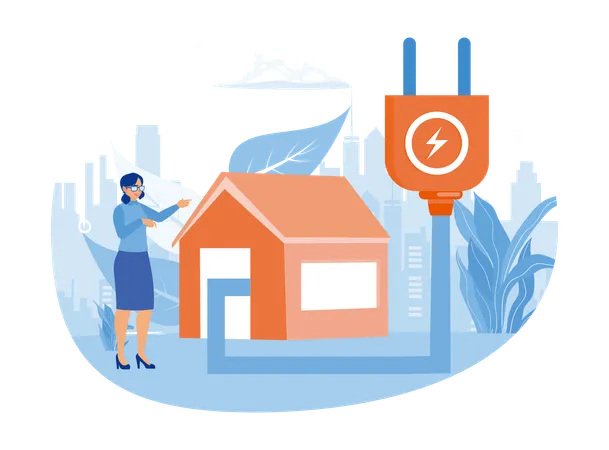 Housewife Using Energy-saving Device While Energy Consumption  Illustration