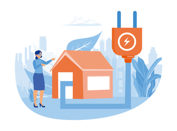 Housewife Using Energy-saving Device While Energy Consumption  Illustration