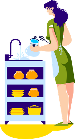 Housewife washing dishes in kitchen sink  Illustration