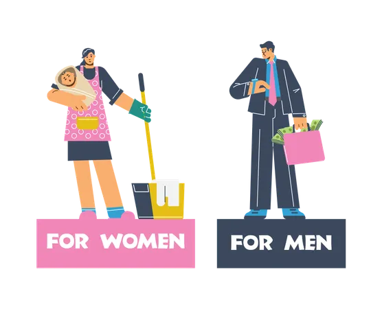 Housewife with baby and mop and businessman with lot of money  Illustration