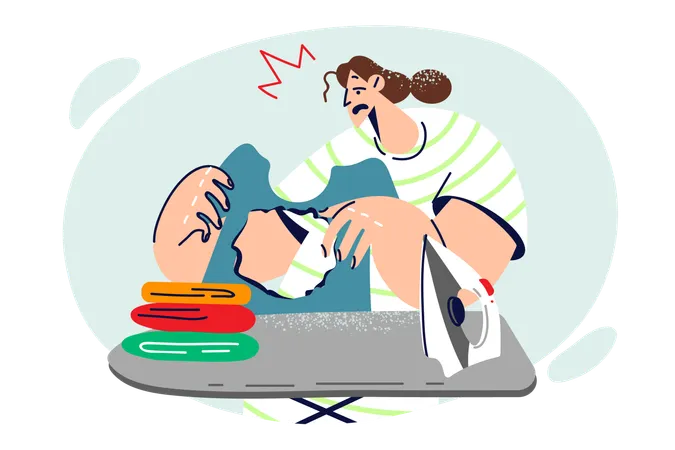 Housewife woman ironing clothes burned hole and gets upset without understanding cause mistake  Illustration