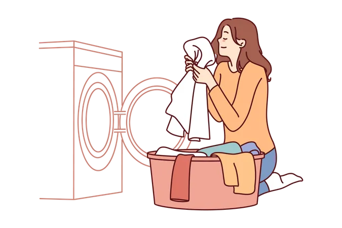 Housewife woman sits near washing machine and inhales fragrant smell of freshly washed towel  Illustration
