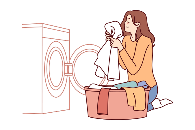 Housewife woman sits near washing machine and inhales fragrant smell of freshly washed towel  Illustration