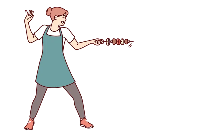 Housewife Woman With Vegetable Kebab Stands In Swordsman Pose And Uses Skewer Instead Of Sword Happy Culinary Girl In Apron Rejoices At Opportunity To Cook Kebab From Healthy Ingredients Illustration