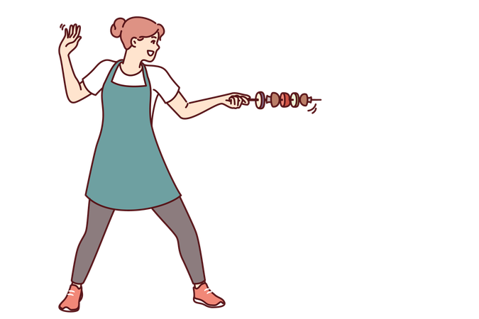 Housewife woman standing with vegetable kebab  Illustration