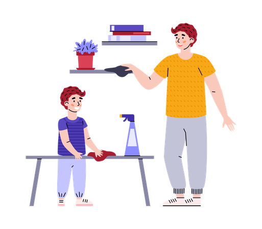 Housework for kid and father son and dad together wipe dust and cleaning room  Illustration