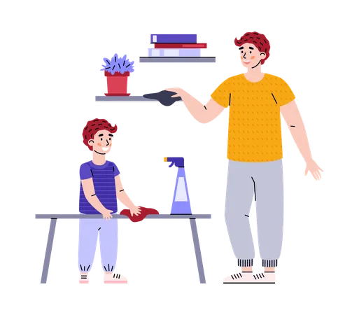 Housework for kid and father son and dad together wipe dust and cleaning room  Illustration