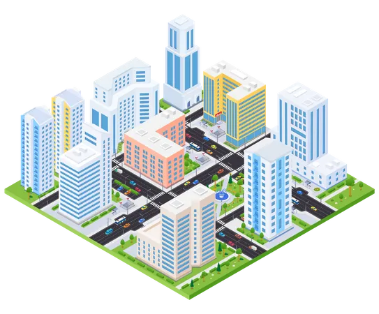 Housing Complex Modern Vector Colorful Isometric Illustration Quality Urban Landscape With Apartment Houses High Rise Blocks Road With Cars Real Estate City Architecture Construction Concept Illustration