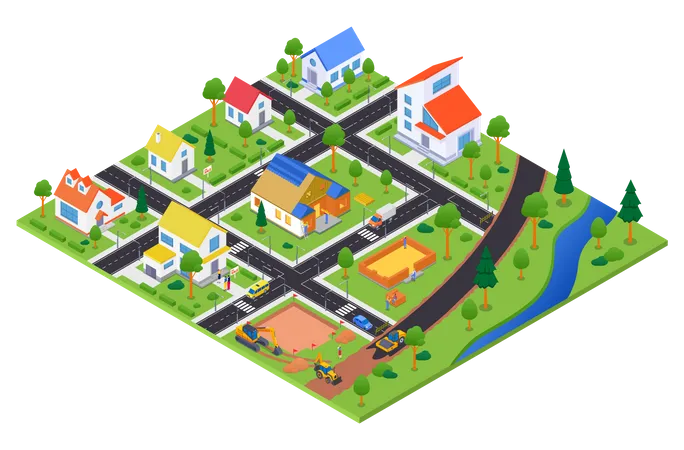 Housing Complex Under Construction Vector Colorful Isometric Illustration Urban Landscape With Apartment Houses Cottages For Sale Road With Cars Builders Realtors Special Vehicles Real Estate Illustration