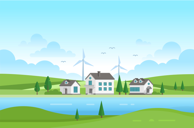 Housing Estate With Windmills By The River - Modern Vector Illustration  Illustration