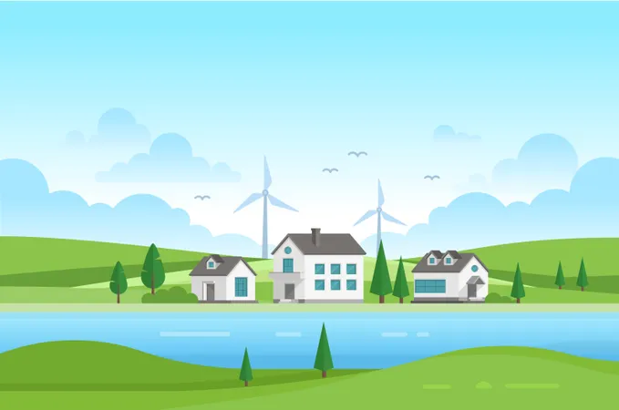 Housing Estate With Windmills By The River - Modern Vector Illustration  Illustration