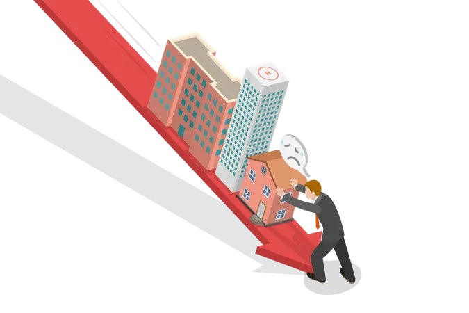 3 D Isometric Flat Vector Conceptual Illustration Of Real Estate And Property Market Crash Housing Prices Falling Down Illustration