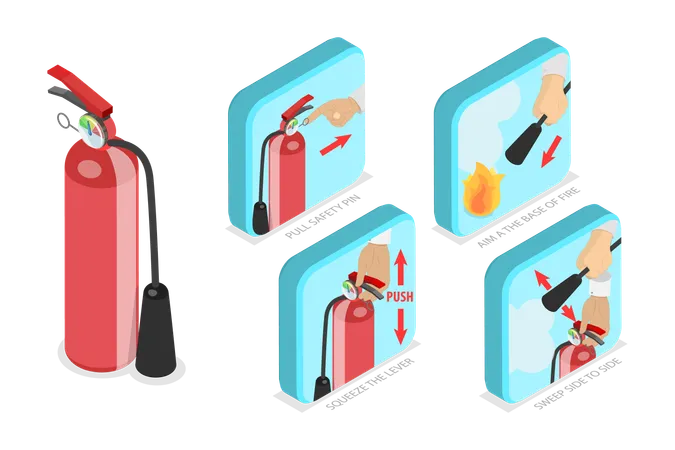 3 D Isometric Flat Vector Conceptual Illustration Of How To Use A Fire Extinguisher Safety Manual 일러스트레이션