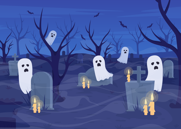 Howling ghosts in cemetery  Illustration