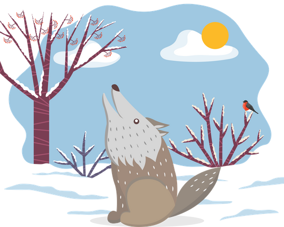 Howling Wolf In Winter Forest  Illustration