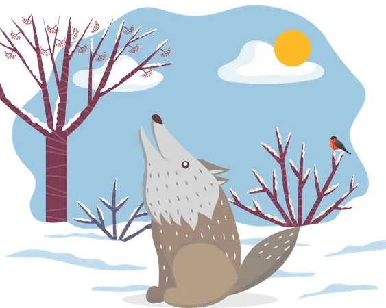 Howling Wolf In Winter Forest  Illustration