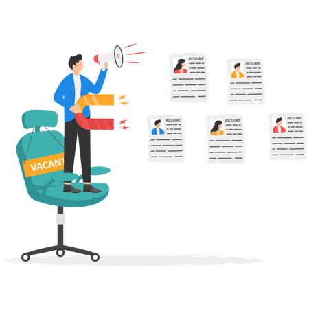 HR agent uses magnet and attract resume of job seekers  Illustration