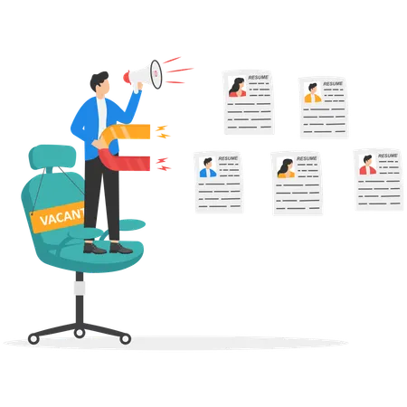 HR agent uses magnet and attract resume of job seekers  Illustration