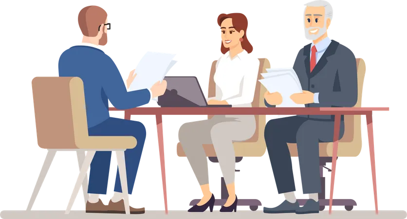 HR Manager Interviewing Job Applicant Flat Vector Illustration Business Negotiations In Office Meeting With Jobseeker Partner Client Isolated Cartoon Characters On White Background Illustration