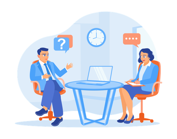 HR manager and job seeker talking at office table while Discuss work assignments  Illustration