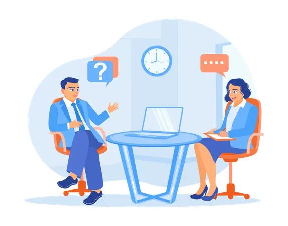 HR manager and job seeker talking at office table while Discuss work assignments  Illustration