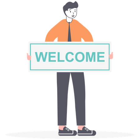 HR manager holding placard Welcome in his hands  Illustration