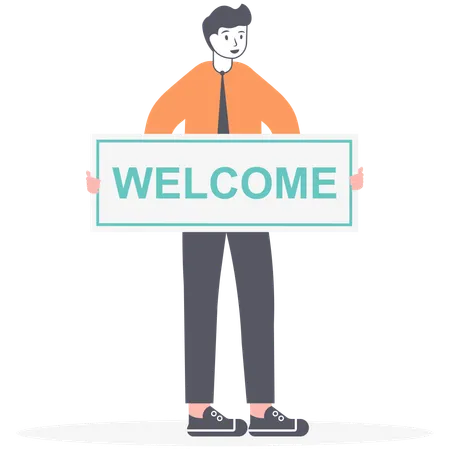Man In Suit Businessman Or HR Manager Is Holding A Placard Welcome In His Hands Concept Of New Job Join New Team Vector Flat Illustration Illustration