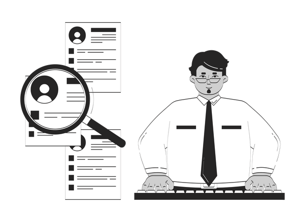 人事マネージャーが履歴書を拡大鏡でチェック  イラスト