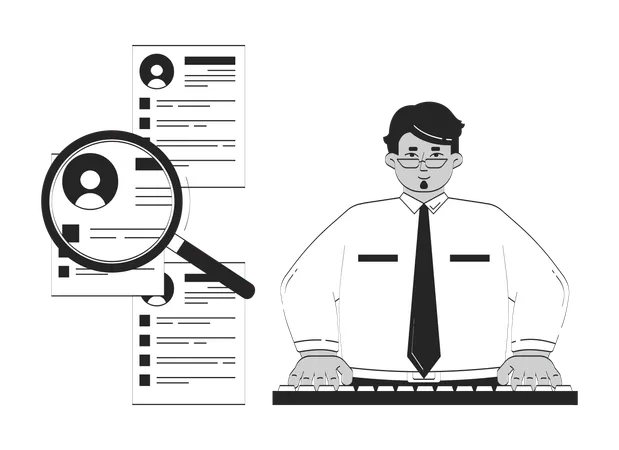 人事マネージャーが履歴書を拡大鏡でチェック  イラスト